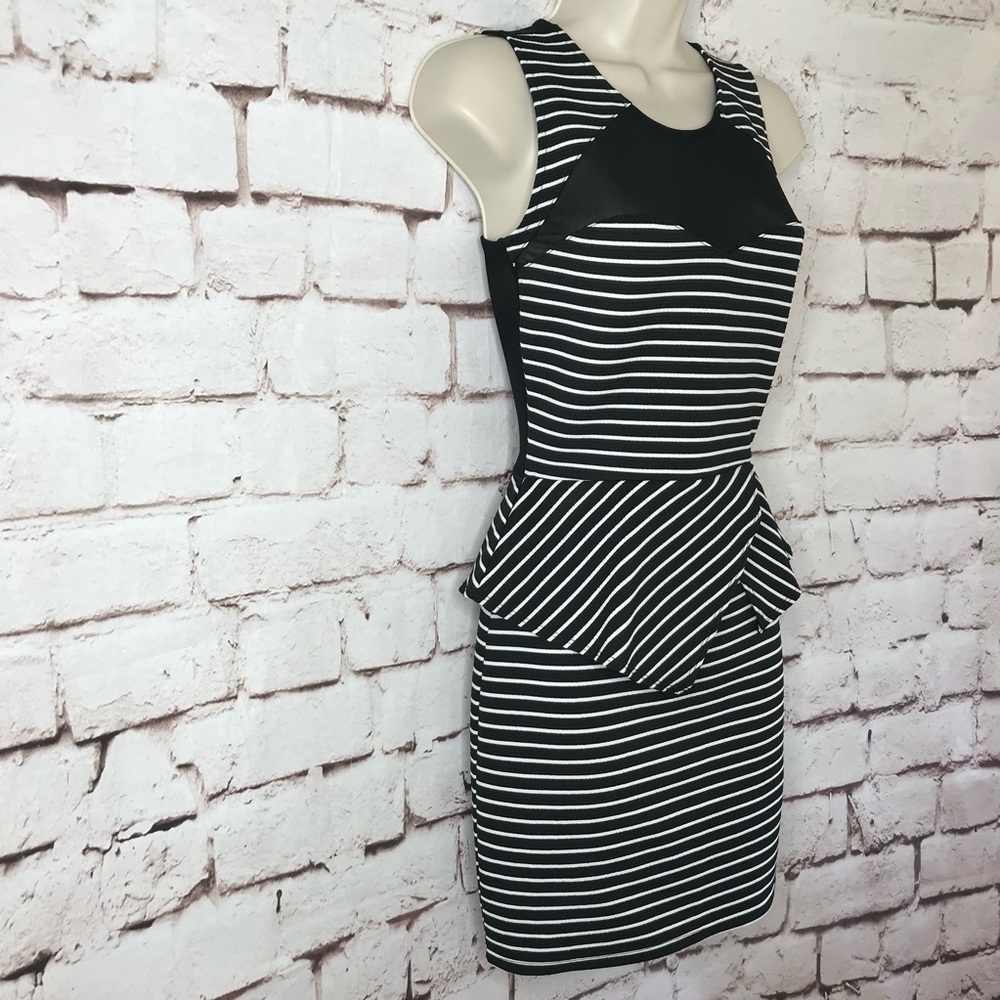 MATERIAL GIRL S Peplum Mesh Back Sleeveless Black & White Stripe Dress Small NWT - Picture 15 of 16